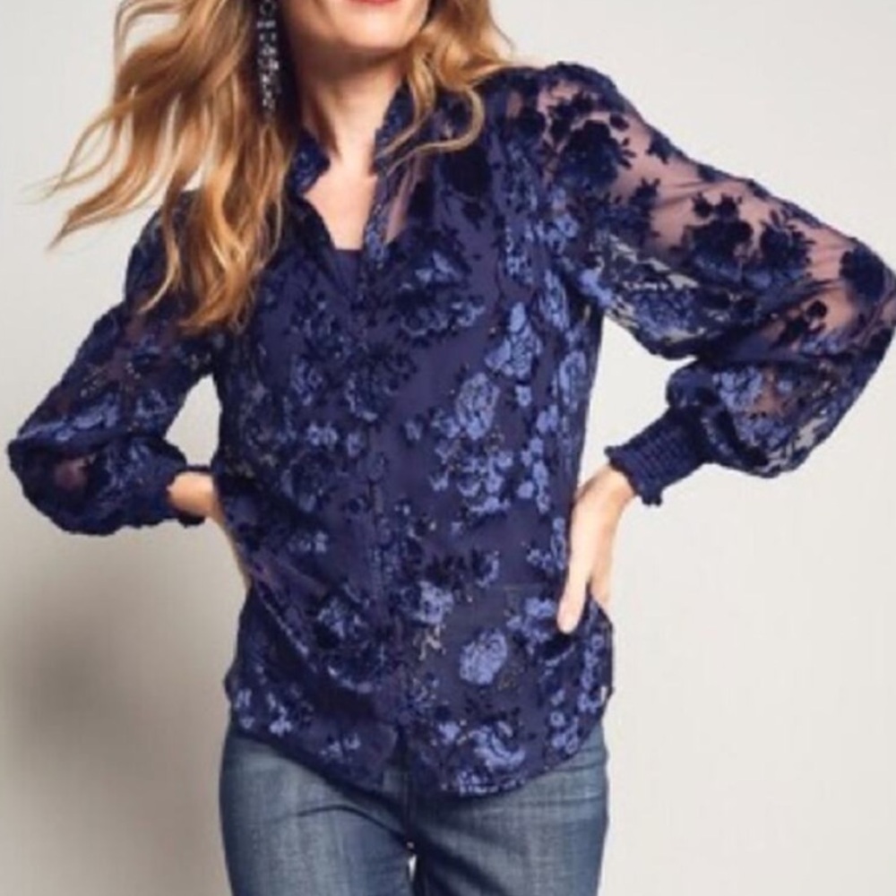 NWT Chico's Burnout Floral Velvet Scroll Express Shirt Blouse in cobalt